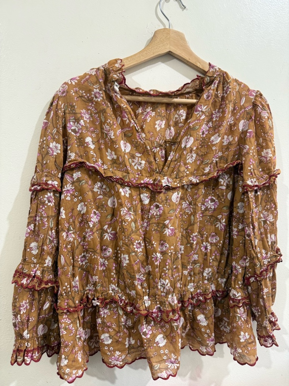 Isabel etoile marant Floral Ruffle Peasant Blouse in Mustard with Pink Accents